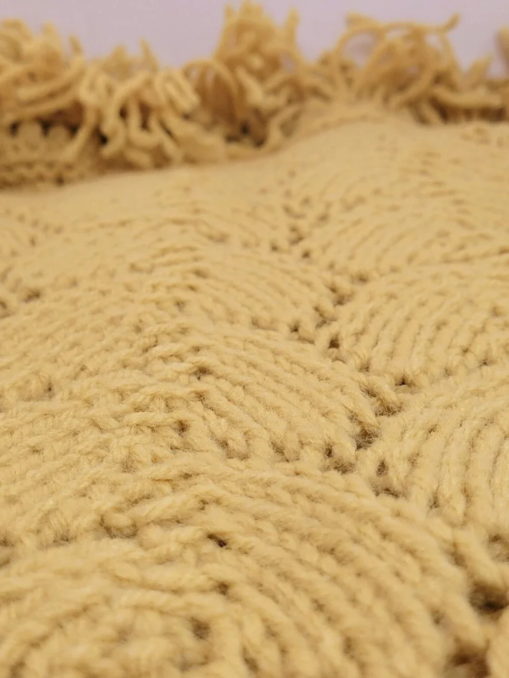 Vintage Yellow Knit Afghan Throw Blanket Fringe | Mid Century Old Shale Feather